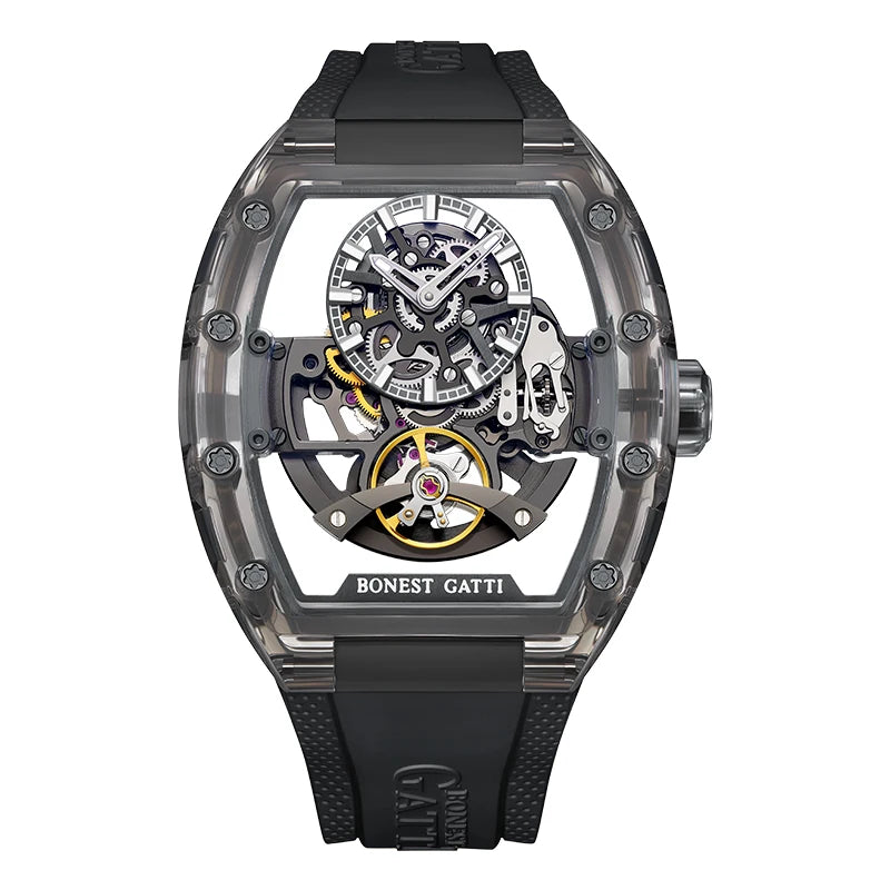 BONEST GATTI New Fully Automatic Men Watch Skeleton Mechanical Watch Rubber Black Band Luminous Barrel Shaped Men Watch