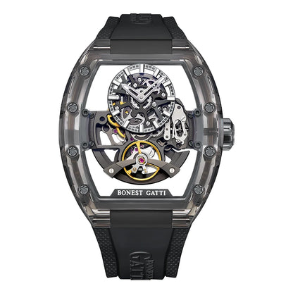 BONEST GATTI New Fully Automatic Men Watch Skeleton Mechanical Watch Rubber Black Band Luminous Barrel Shaped Men Watch