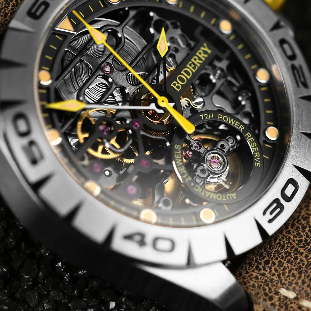 Boderry Urban Men's Titanium Watches Top Brand Fashion Skeleton Automatic Mechanical Waterproof Watch Hi-beat 72H Power-reserve
