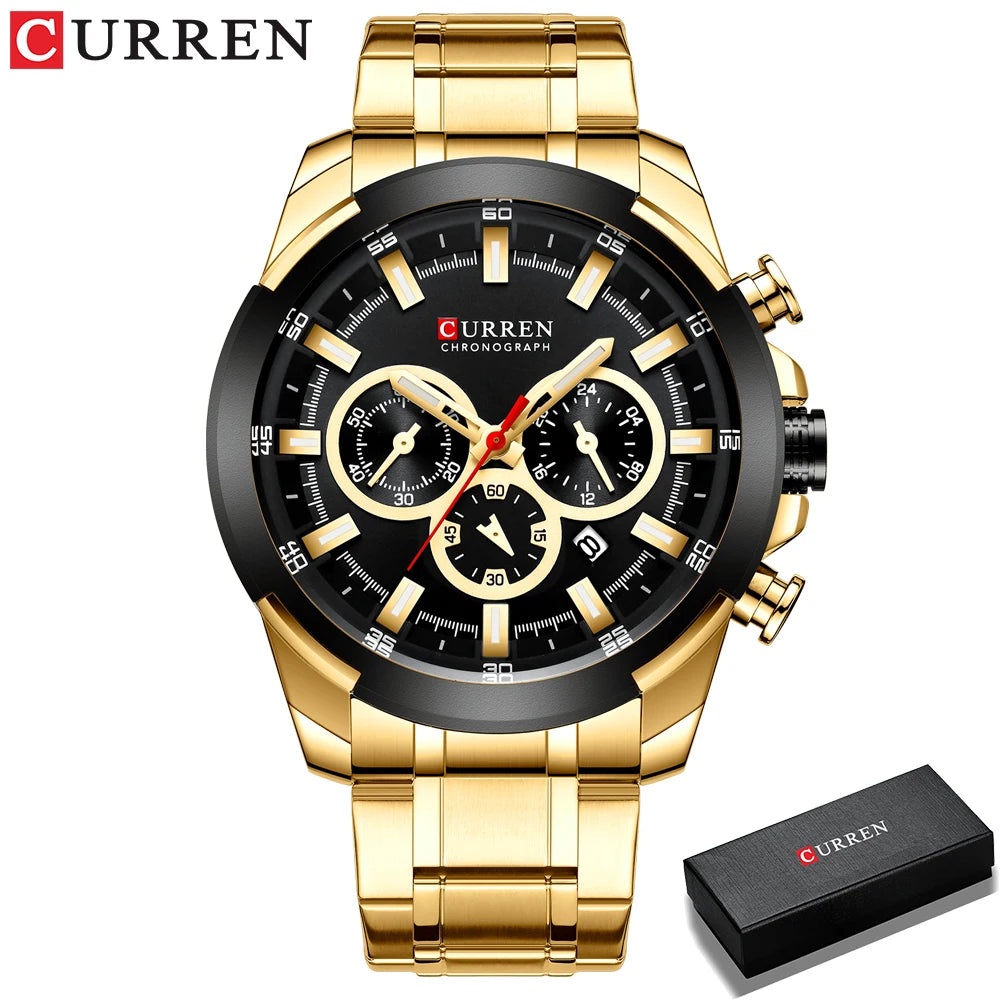 CURREN Chronographenuhr für Herren, großes Zifferblatt (48 mm), Edelstahlarmband, drei Hilfszifferblätter, Quarz-Sportarmbanduhr, luxuriöser Stil