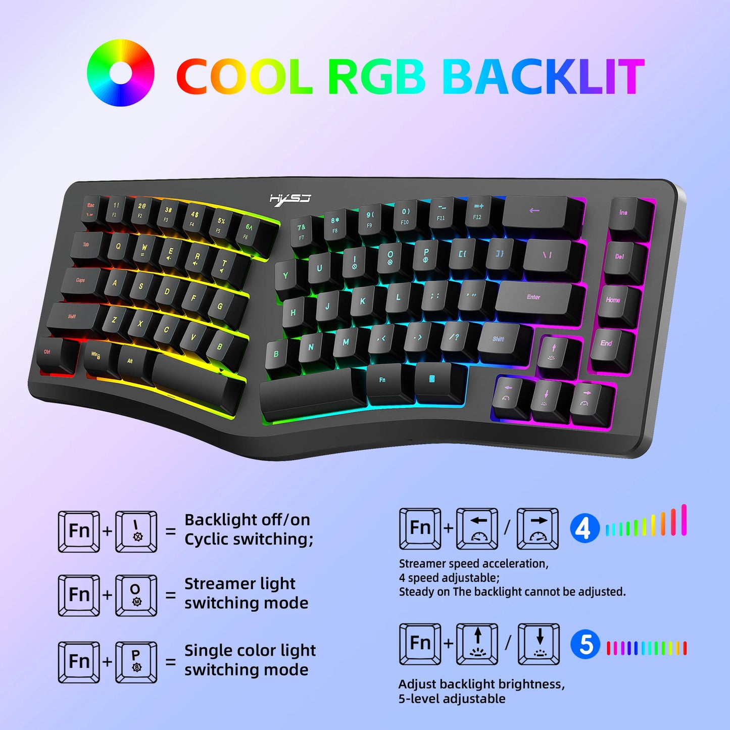 69 Key Wired Ergonomic Gaming Keyboard Silent Irregular RGB Backlit Keyboard for Windows Linux Home Office Game PC