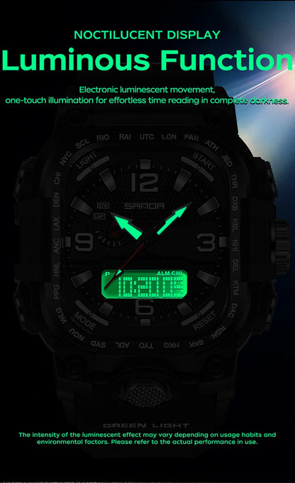 SANDA 6310 Men's Electronic Watch Multifunctional Luminous Alarm Clock Calendar Stopwatch Dual Display Digital Watches for Man