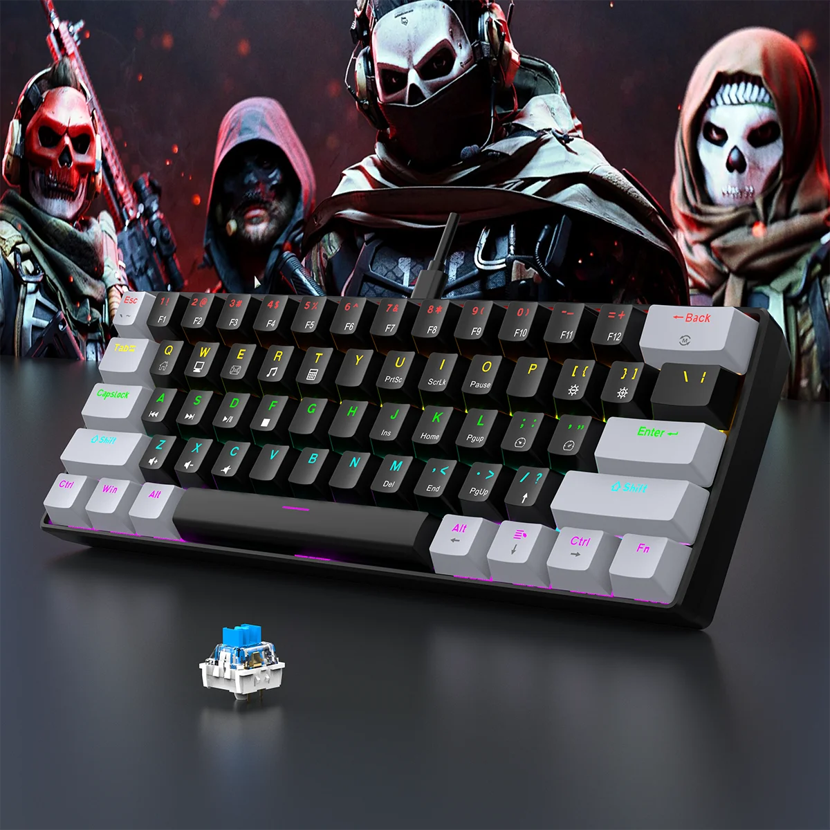 60% wired gaming keyboard, RGB backlight ultra compact mini keyboard, waterproof small compact 61 key keyboard for pc/Mac gamers