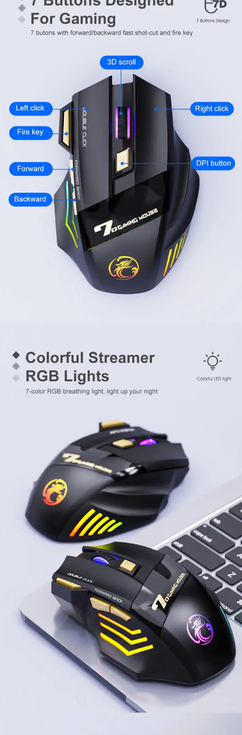 Vezeték nélküli Bluetooth egér, újratölthető számítógépes gamer egér, ergonomikus RGB háttérvilágítású, csendes egér PC-hez