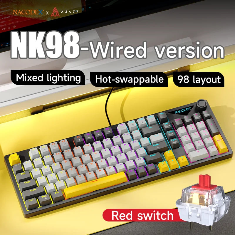 AJAZZ NK98 Wired Mechanical Keyboard: Full-Key Hot-Swap, 98-Key Layout for Precise Performance; Wired, Stable Control, Multi-System Compatibility; Windows Vista/XP/7/8/10/17, Mac: Wired connection for stable control and low l