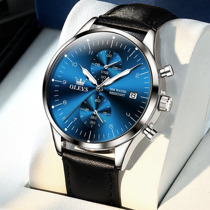 Ceas pentru bărbați OLEVS 2880 – Cronograf elegant și rafinat, curea din piele, afișare automată a datei, rezistent la apă, ace luminescente, mecanism cu cuarț.