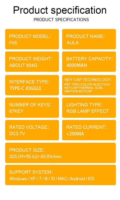 AULA F65 Mechanical Keyboard Three Mode Custom Wireless/Bluetooth/Wired Connection Full Key Hot-swapable Office Gaming Esports