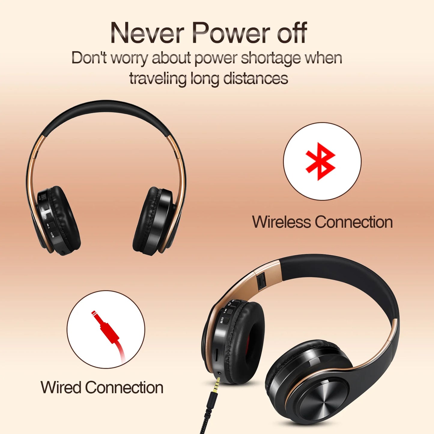 CATASSU Gold Bluetooth Wireless Headphones with Microphone, Stereo Headset, Bluetooth 5.3 Earphones, 40mm HiFi Sound, Foldable Headphones for Android & iOS