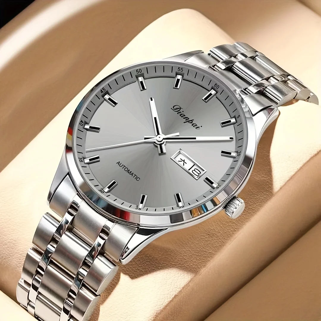 Pánské mechanické hodinky s automatickým nátahem značky Dianpai – luxusní model, luminiscenční displej, klasický a elegantní design, z nerezové oceli, vodotěsné, s kalendářem a označením dne v týdnu