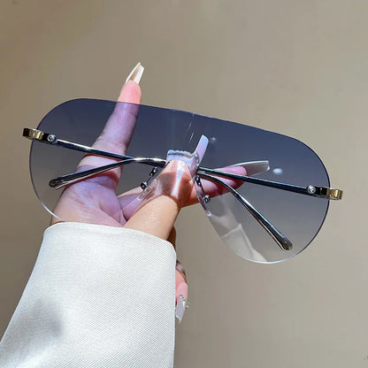 Women's Oversize Rimless One-Piece Shield Sunglasses Fashion Gradient Sun Glasses Alloy Sexy Driving Shades men punk shades