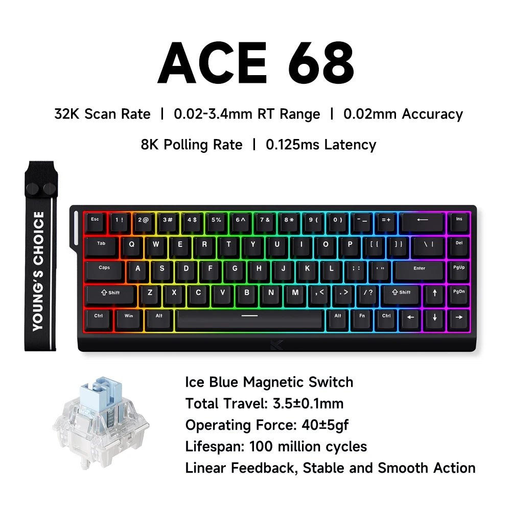MCHOSE ACE 68 Magnetic Switch Gaming Keyboard Hall Effect Rapid Trigger Programmable RGB 8K Hz DKS/MT/TGL/RS/SOCD Keyboard