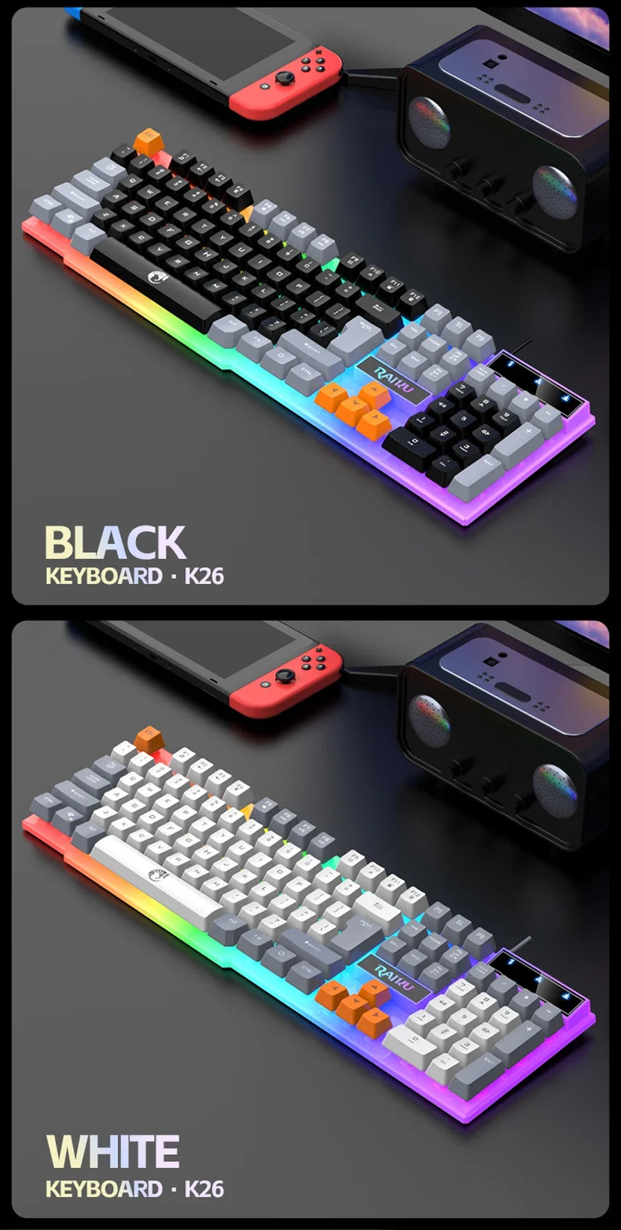 RAIKU T26 Wired Gaming Keyboard, 104-Key RGB Backlit USB Gaming Keyboard, Ergonomic Wired Gaming Keyboard for PC, Laptop & Office