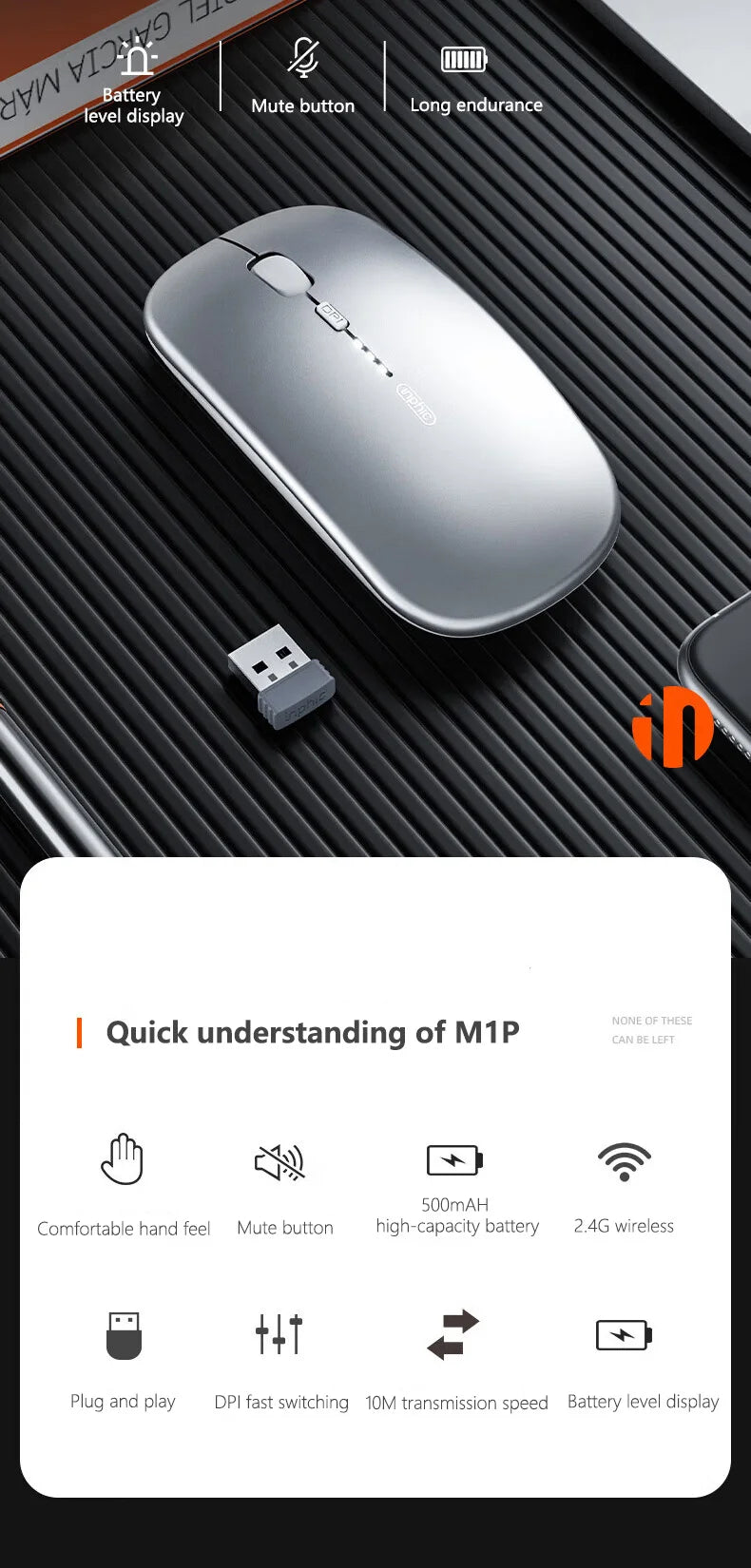 Inphic M1P Wireless Silent Mouse, Ultra-Thin Rechargeable 2.4G Office Mouse with USB Receiver, Type-C Charging, Battery Display & DPI Control