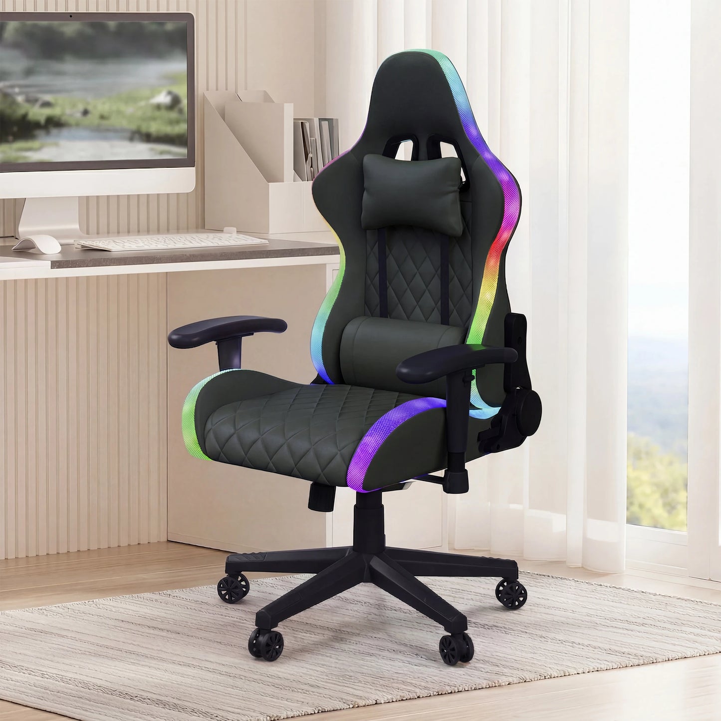 Fangange Ergonomic Gaming Chair with Massage Function, LED Light, Adjustable Reclining Computer Chair with Lumbar Support Pillow, 150KG