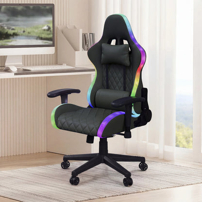 Fangange Ergonomic Gaming Chair with Massage Function, LED Light, Adjustable Reclining Computer Chair with Lumbar Support Pillow, 150KG