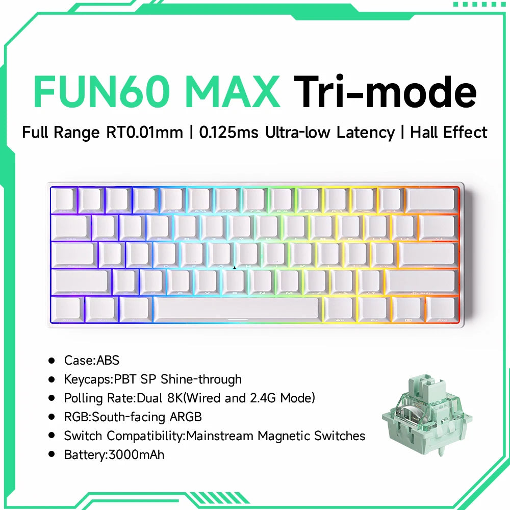 MONSGEEK FUN60 Pro & Max HE Magnetic Gaming Keyboard, 60% Wireless Mechanical Keyboard with 0.01mm Rapid Trigger, 8K Polling Rate, ARGB and Tri-Mode Connectivity