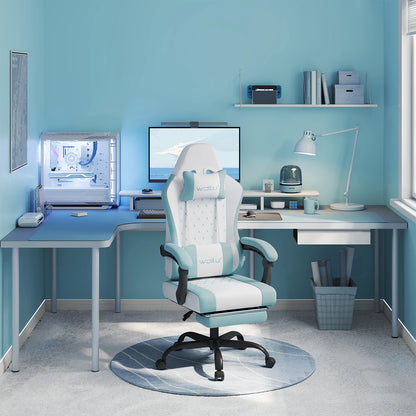 WOLTU snurrbar datorstol med massagefunktion, ergonomisk kontorsstol med kudde och fotstöd, höjdjusterbar gamingstol