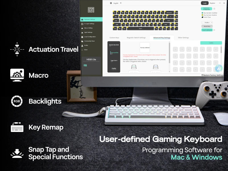 EPOMAKER HE68 Lite 65% ANSI US Layout Tray-Mounted Wired Hall Effect Magnetic Mechanical Keyboard DKS SOCD RGB Backlight