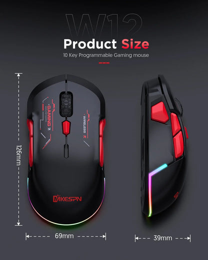 Mouse gaming macro MKESPN W12 cu 10 butoane, ambidextru, wireless Bluetooth, multicanal, tri-mode, ergonomic, RGB mare