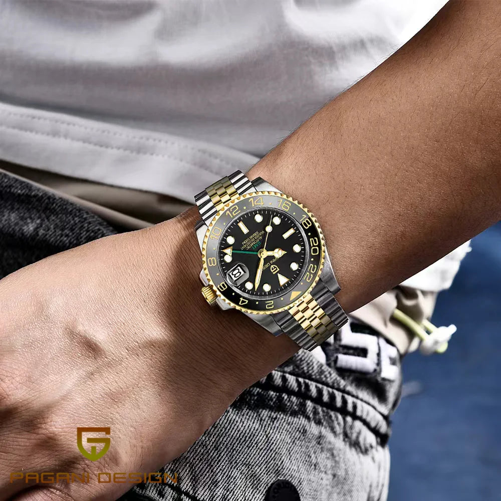 Mechanické pánské hodinky Pagani Design GMT – luxusní model se safírovým sklem, pouzdrem z nerezové oceli a keramickou lunetou – automatické pánské hodinky v profesionálním stylu