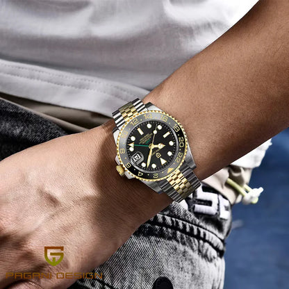 Mechanické pánské hodinky Pagani Design GMT – luxusní model se safírovým sklem, pouzdrem z nerezové oceli a keramickou lunetou – automatické pánské hodinky v profesionálním stylu
