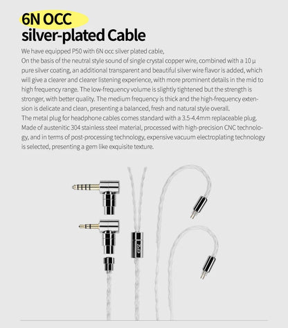 EPZ P50 Hybrid Driver HiFi IEM Earphones 1DD+2BA+2 Planar Drivers with 3.5mm/4.4mm Replaceable Plug & Silver-Plated Cable