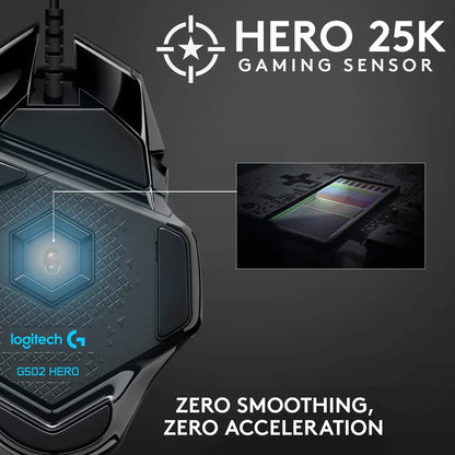 Mouse gaming cablato Logitech G502 HERO ad alte prestazioni, sensore HERO 25K, 25,600 DPI, RGB, pesi regolabili, 11 pulsanti, mouse PC/Mac