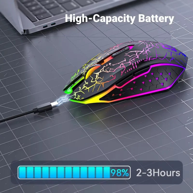 Rato sem fios Bluetooth 2.4GHz recarregável com retroiluminação RGB, 1600 DPI, design ergonómico, rato gaming para PC, portátil e MacBook