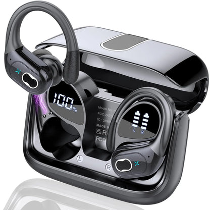 Écouteurs sans fil Sport Bluetooth 5.4 casque avec micro antibruit 75 heures HiFi stéréo sur l'oreille bourgeon LED affichage USB-C IPX7