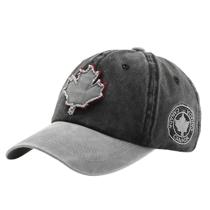 Casual Washed Denim Look Maple Leaf Patch Cap Adjustable Two Tone Outdoor Sport Baseball Hat for Daily Wear