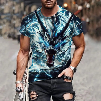 Summer New Men's O-neck T-shirt Flame Magic Dragon 3D Print Casual Breathable Lightweight Versatile Design Short Sleeve Manswear