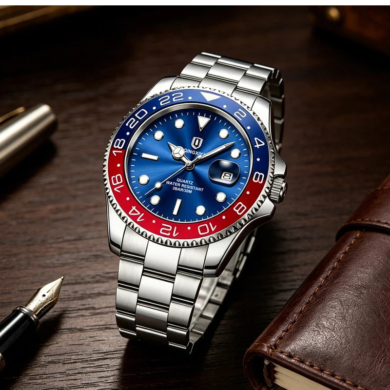 2026 New QINGXIYA Luxury Men Quartz Watches Stainless Steel Waterproof Luminous Date Watch Top Brand Men Wristwatch reloj hombre