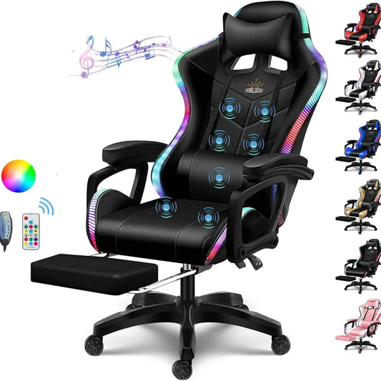 Gaming Chair with Speakers and RGB LED Lights, 7-Point Massage Gaming Chair with Bluetooth Audio, Adjustable Headrest & Lumbar Support