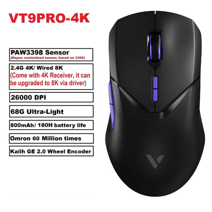 Rapoo VT9PRO PAW3398 Wireless Gaming Mouse 68g Wired Programmable Ergonomic Mice 26000DPI Type C Rechargeable Pc Gamer Accessory
