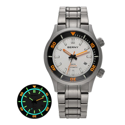 BERNY Automatic Full Titanium Diver Watch For Men Supper Luminous Sappire AR Coated Miyota 8215 Dual Crown Mechanical Dive Watch