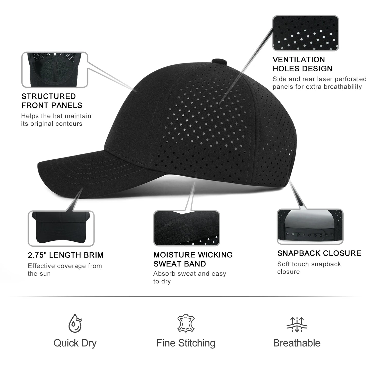 VOBOOM Men Quick Dry Baseball Cap Laser Cut Mesh Ball Curved Brim Snapback Hat Outdoor Running Travel Black Hat