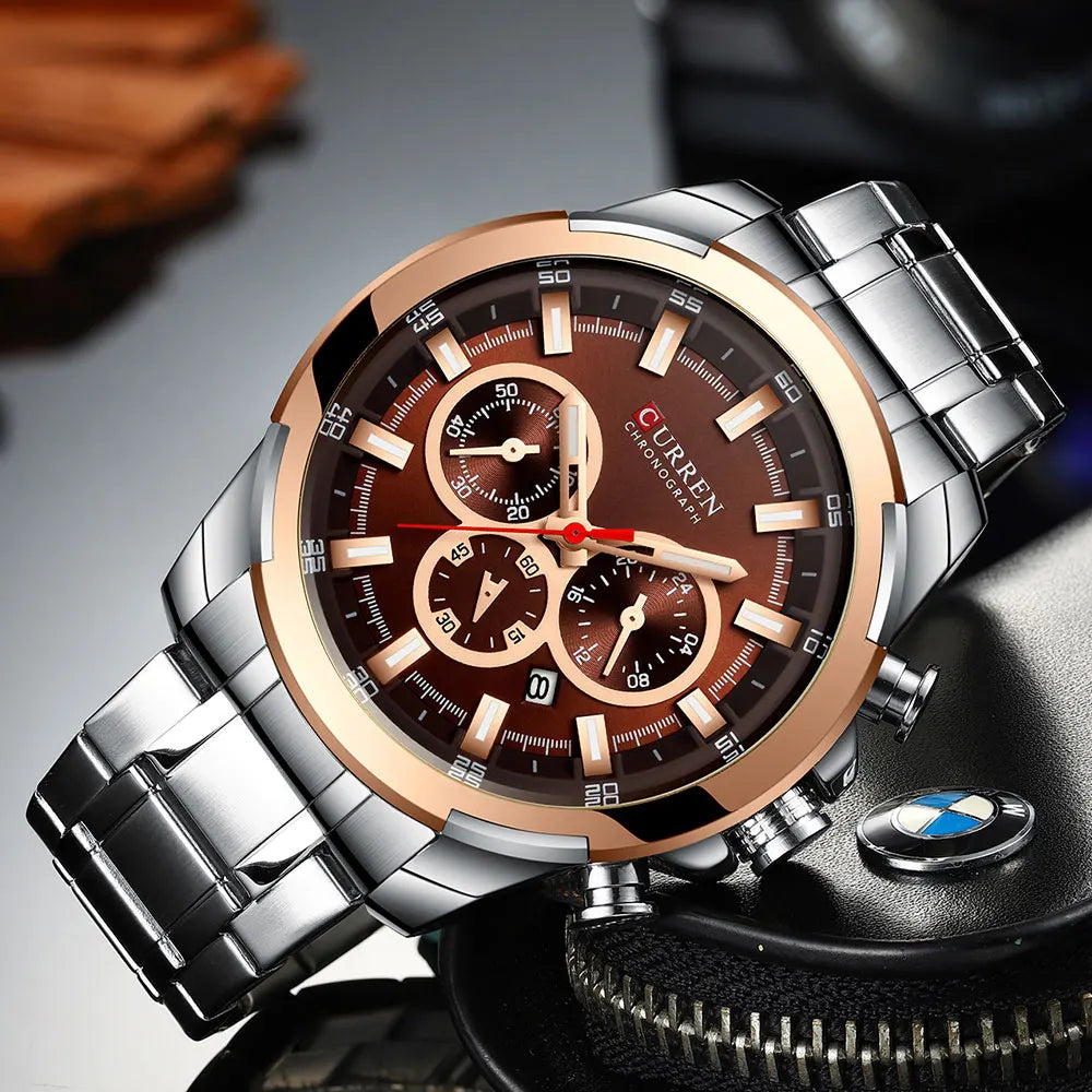 CURREN Chronographenuhr für Herren, großes Zifferblatt (48 mm), Edelstahlarmband, drei Hilfszifferblätter, Quarz-Sportarmbanduhr, luxuriöser Stil