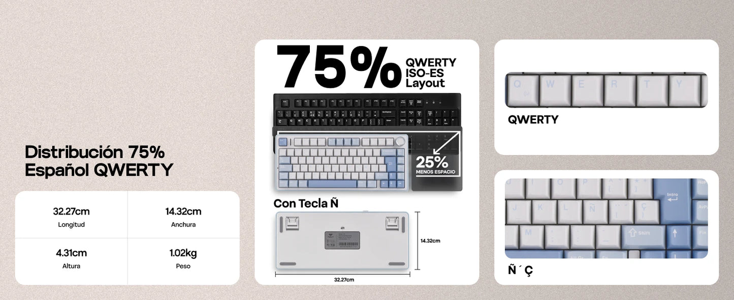 EPOMAKER AULA F75 ISO-ES 75% QWERTY español, teclado mecánico gaming inalámbrico con cable/Bluetooth/2.4GHz, hot-swap, montaje gasket y retroiluminación RGB