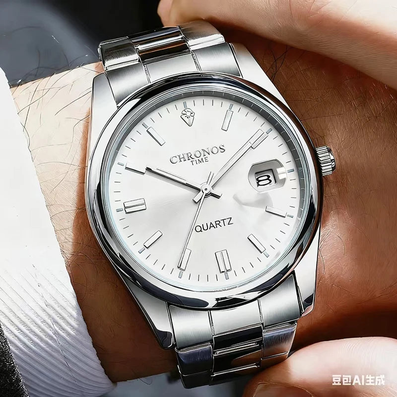 CHRONOS men’s wristwatch – Luxury brand, water-resistant, luminous, with date display, made of stainless steel, quartz movement.