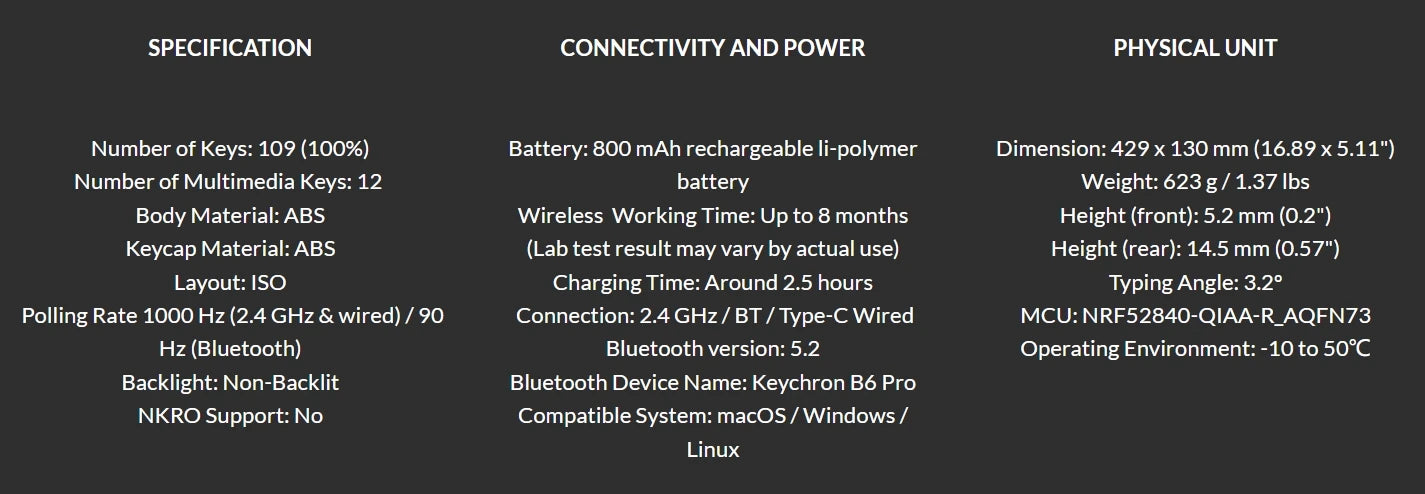 Keychron B6 Pro ISO Layout Ultra-Slim Wireless Keyboard Full Size Portable Lightweight 2.4GHz & Bluetooth Connections