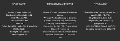 Keychron B6 Pro ISO Layout Ultra-Slim Wireless Keyboard Full Size Portable Lightweight 2.4GHz & Bluetooth Connections