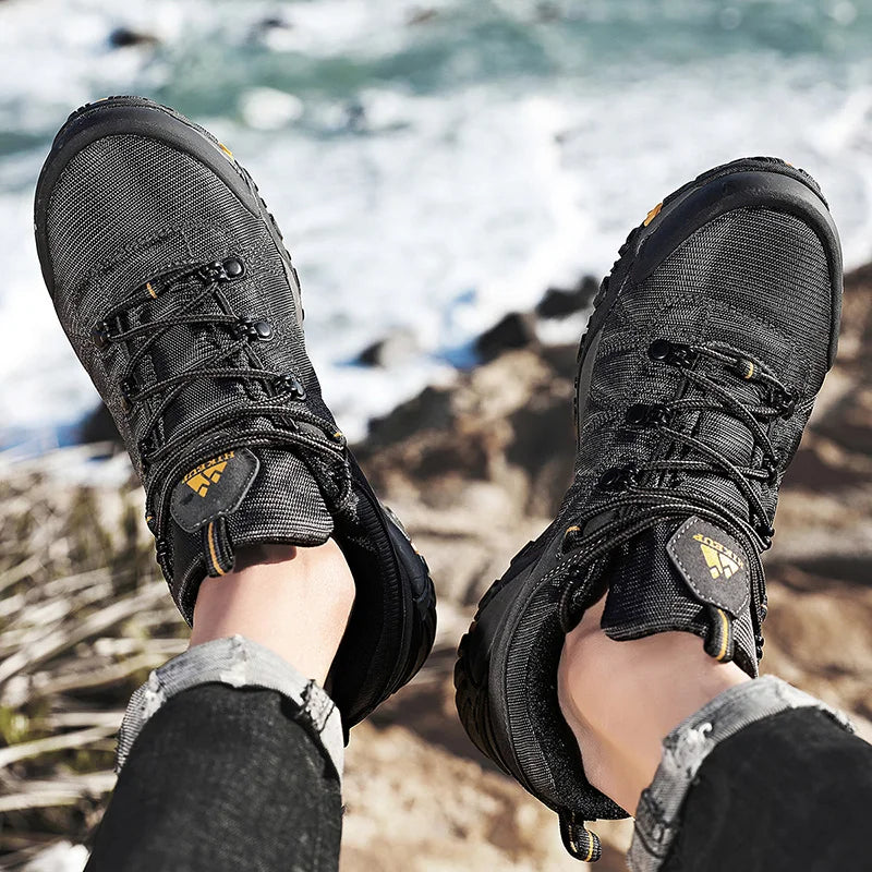 HIKEUP miesten neljän vuodenajan vaelluskengät – ulkoiluun ja urheiluun, aitoa nahkaa, kulutusta kestävät kiipeilykengät, kumipohjaiset trekking-sneakerit