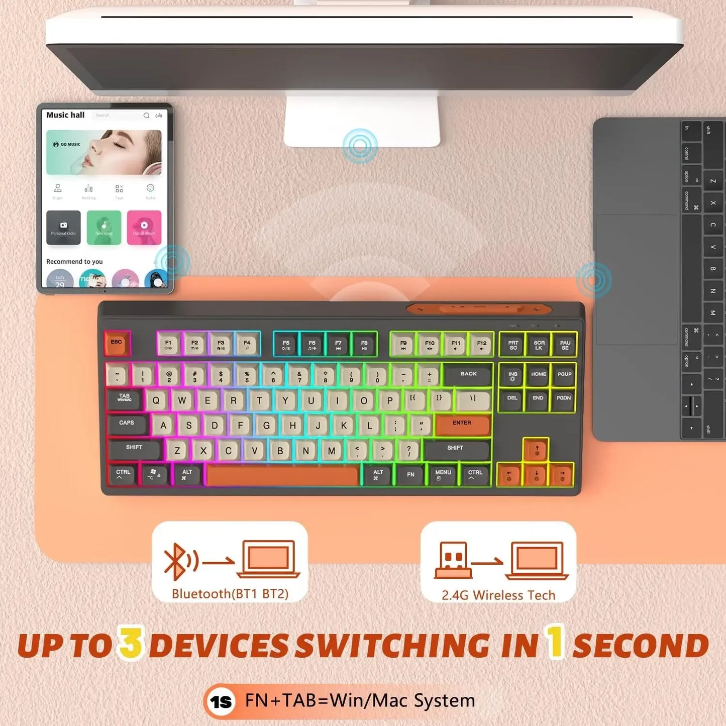 Free Wolf M87 75% Wireless Gaming Keyboard - Silent Switches, Rainbow Backlit, BT/2.4G, PBT Gradient Keycaps, Compact Design