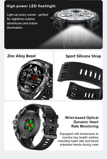 2026 New Military GPS Smart Watch 1000Mah Battery Compass IP68 Waterproof Tactics Sport Flashlight BT call Smart Watch For Men
