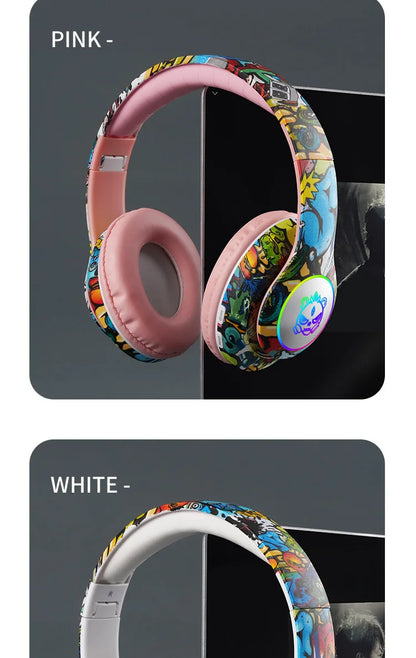 New Graffiti Wireless Bluetooth Gaming Headset LX-8686 with Mic, LED Light, TF Card Support, Deep Bass Over-Ear Headphones for PC, Gaming & Kids