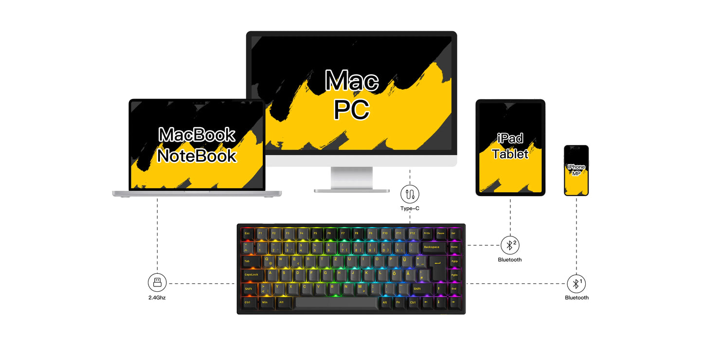 Akko 3084B Plus Black & Gold 75% ISO-DE Layout Mechanical Gaming Keyboard Hot-swapple Multi-Modes 2.4GHz /USB Type-C/BT 5.0