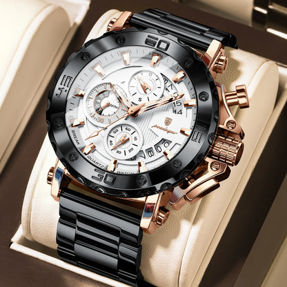 Orologio da uomo di lusso POEDAGAR, luminescente, impermeabile, cronografo, datario, acciaio inossidabile, al quarzo, Reloj