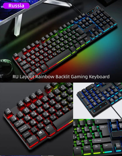 T20 Wired Keyboard Computer Accessories Russian Spanish Keyboard USB Game RGB Backlit Mechanical Touch Keycap Standard 104 Keys