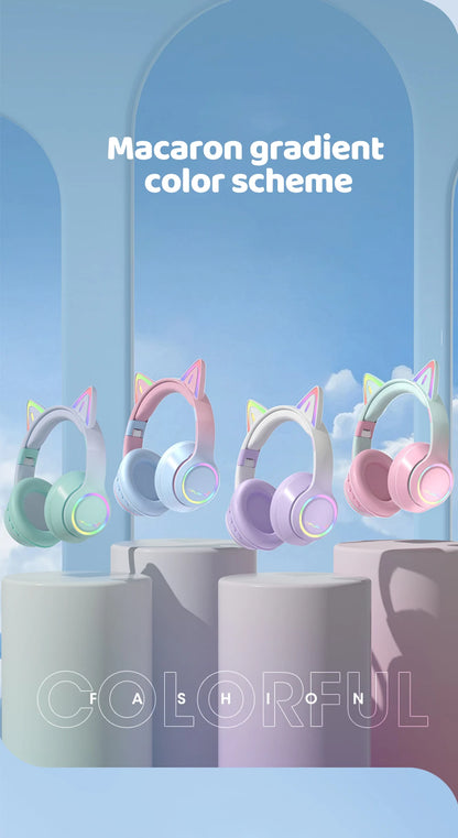 RGB Cat Ear Bluetooth Headphones Wireless Kids Headset with Microphone, Gradient LED Light Gaming Headphones, Stereo Music Bluetooth 5.3 Earphones for Girls