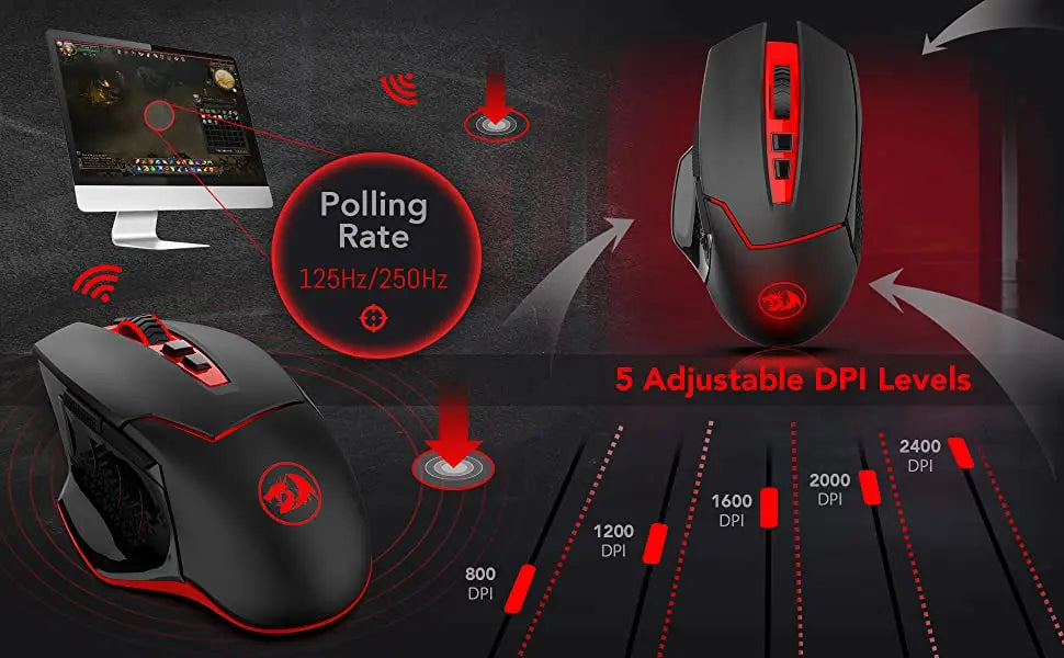 Redragon M690-1 2.4Ghz vezeték nélküli gamer egér DPI-váltással, 2 oldalsó gombbal, 2400 DPI, ergonomikus kialakítás, 8 gomb – fekete egér